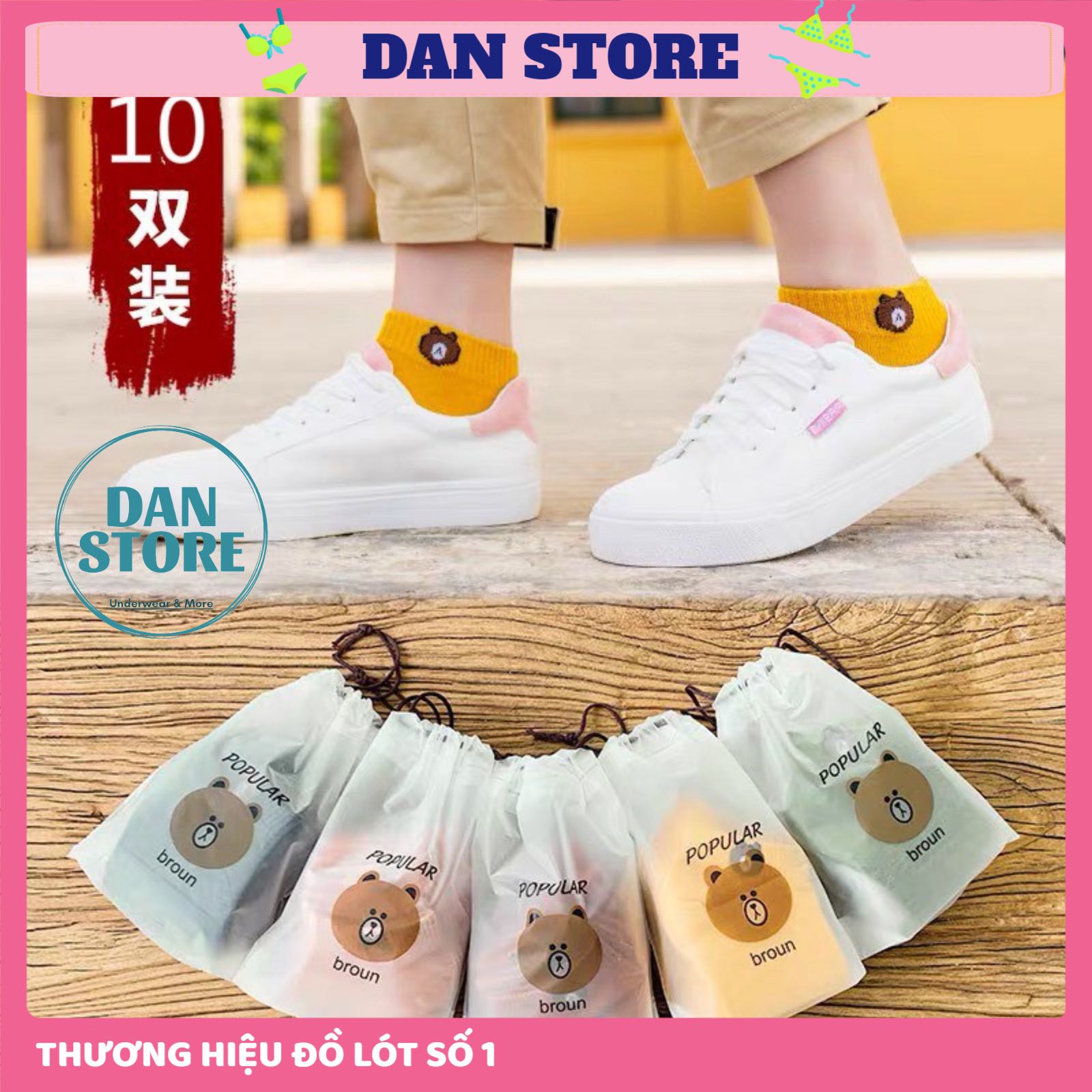 Tất nữ ❤️freeship❤️ set 10 đôi tất gấu cố ngắn đóng túi zip xịn xò mã t20