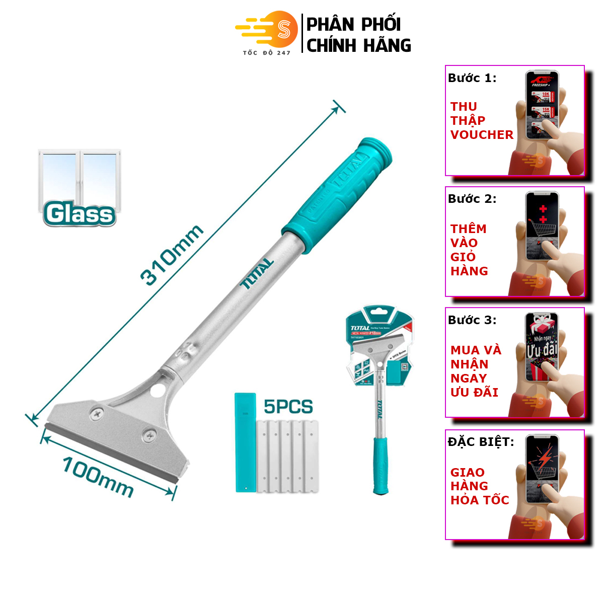 Cây sủi cạo sơn kim loại kèm 6 lưỡi dao TOTAL THT183201 - Hợp kim nhôm, loại bỏ sơn, gỉ sét - Tốc độ 247