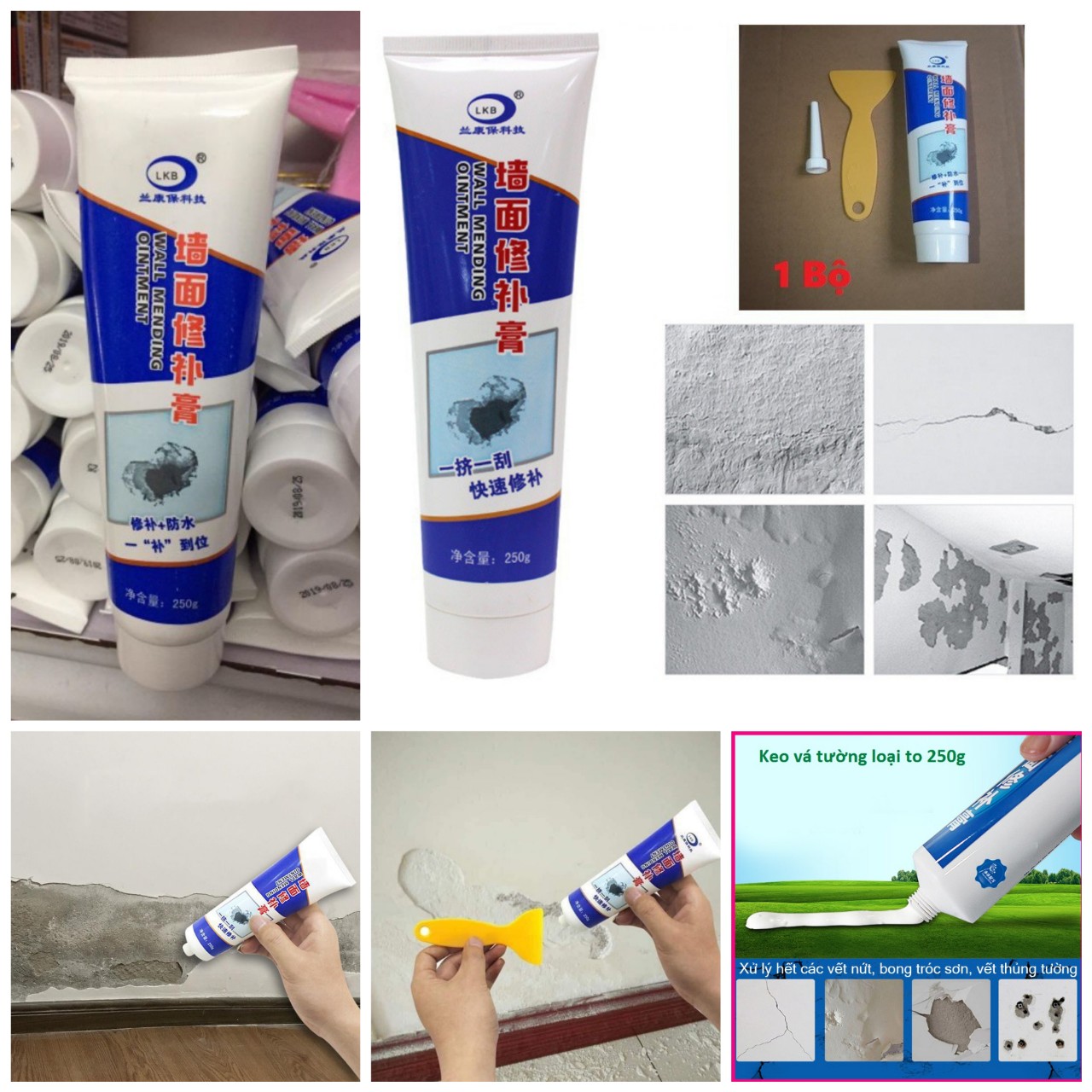 Combo 2 lọ keo trám bít khe hở nứt tường lỗ đinh chống thấm chuyên dụng, Keo trám bít tường nứt siêu nhanh tặng gạt trám keo lọ 250G, cách xử lý tường nứt đơn giản