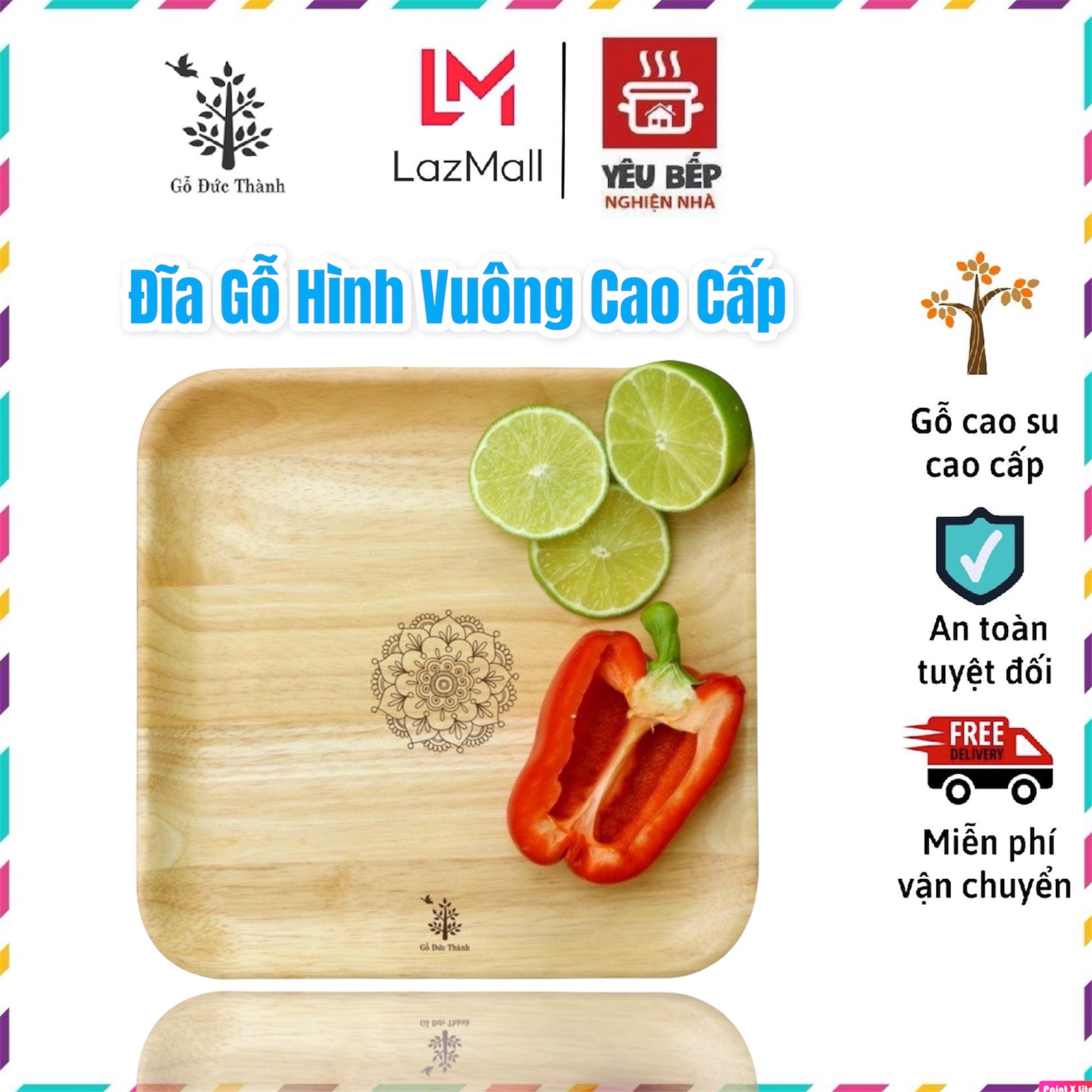 Đĩa gỗ cao cấp hình vuông họa tiết hoa phong cách hàn quốc, đĩa gỗ trang trí - nhiều kích thước | gỗ đức thành