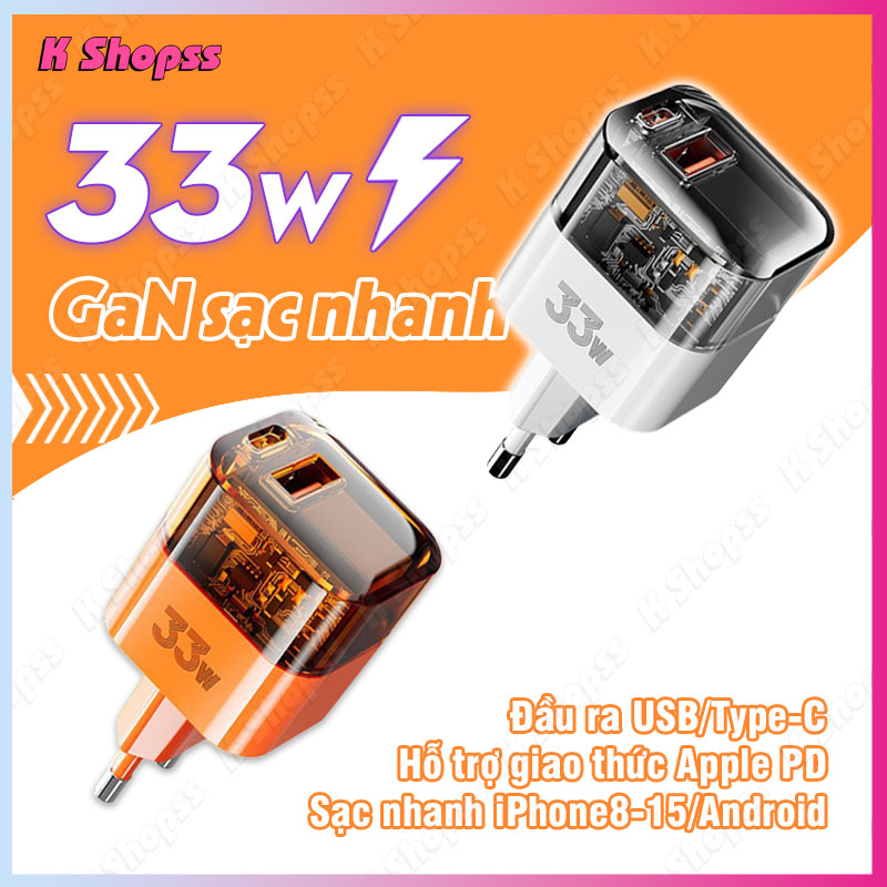 Củ sạc trong suốt wekome bộ sạc gan wk wp-u149 củ sạc nhanh 33w pd pioneer a + c chân cắm usb và type-c sạc an toàn