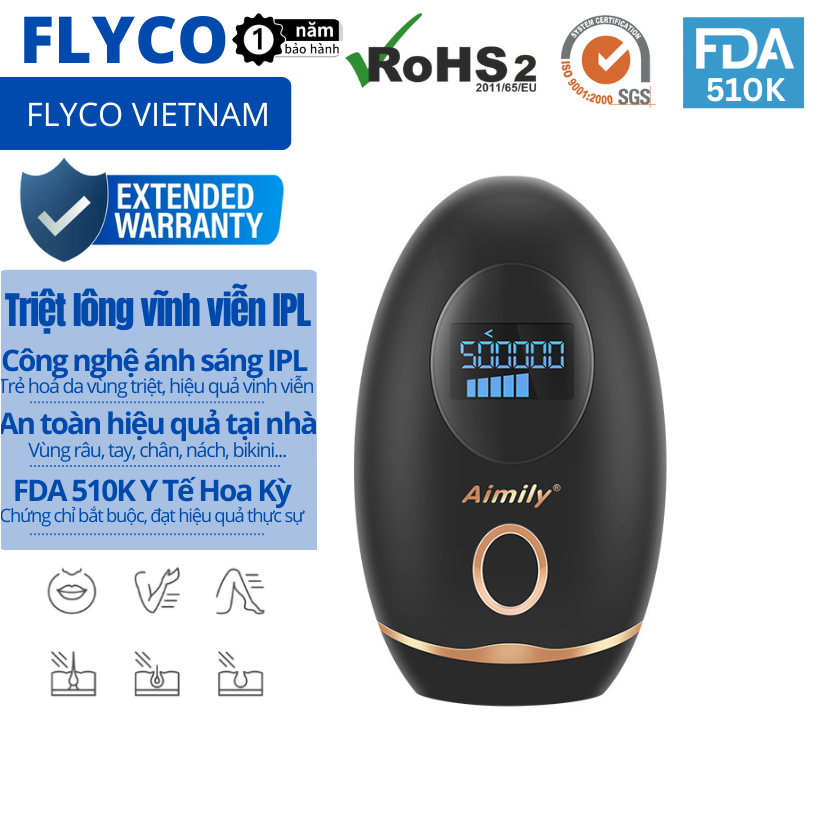  2025  Voucher 20%  Flyco Máy Triệt Lông Lạnh Vĩnh Viễn Laser IPL Photon Tích Hợp Trẻ Hóa Da Thế Hệ Mới Aimily - Phê Duyệt Y tế Chứng Chỉ FDA Hoa Kỳ - Hàng Nhập Khẩu - toàn thân cho nam nữ vùng tay chân nách bikini mặt râu mini kín tốt hơn kem tẩy 