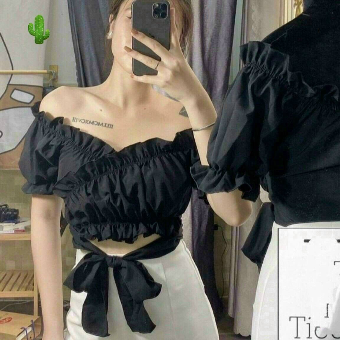 Áo voan nhún tay ngắn đắp chéo cột nơ lưng mặc nhiều kiểu dễ thương ttpk0132
