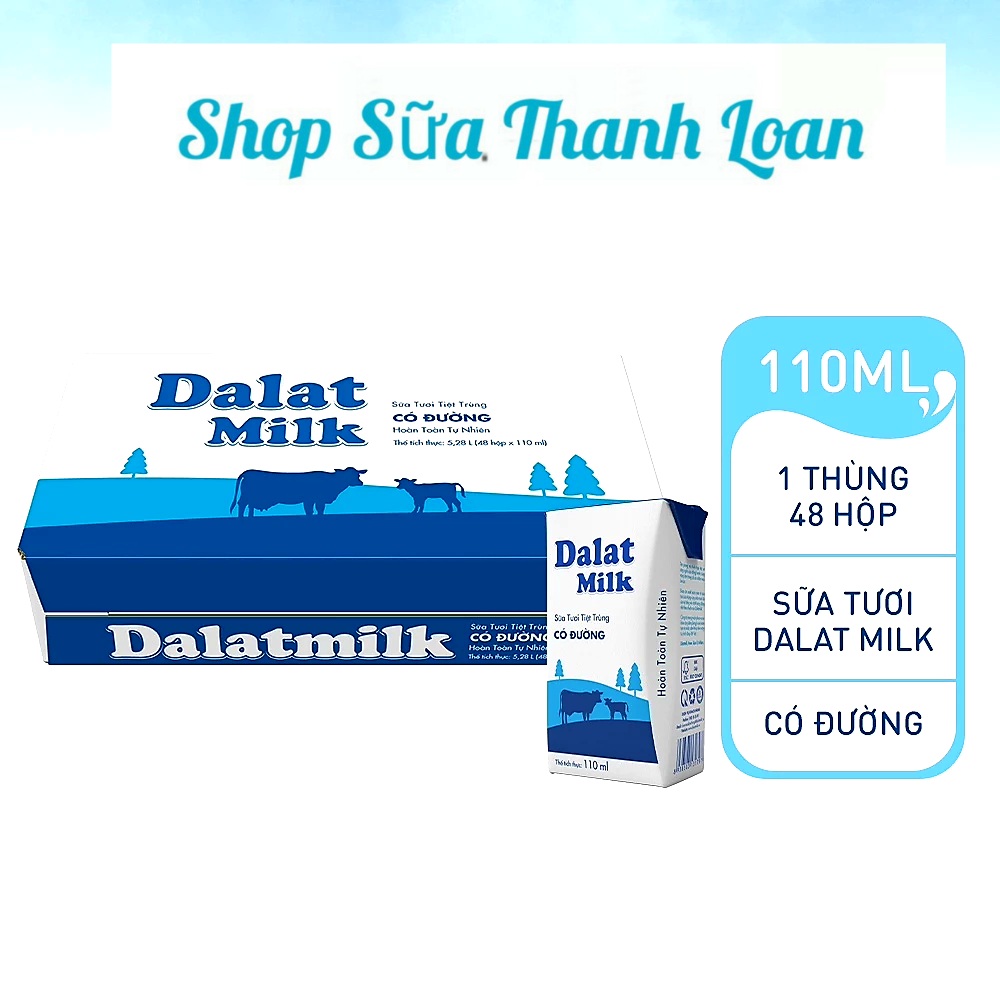(HDS T8-2024) Thùng 48 Hộp Sữa Tươi Tiệt Trùng Có Đường Dalat Milk 110ml.