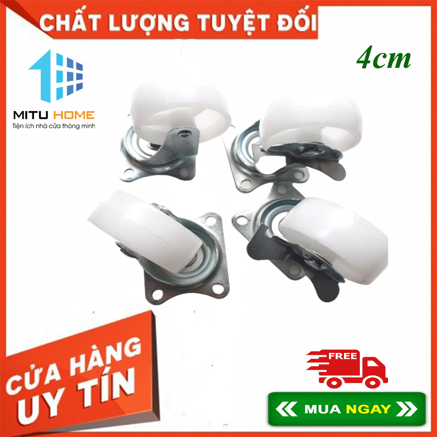 Bánh xe đẩy hàng, Bộ 4 bánh xe nhựa trắng XOAY 360°, bánh xe 4CM