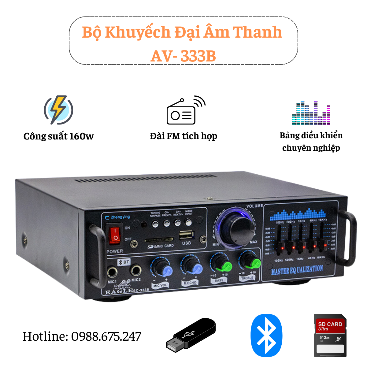 Bộ Khuếch Đại Âm Thanh Nổi Bluetooth AV333B Công suất đầu ra 160W/ 220V. Amply Bluetooth HiFi 2 Mic 2 Kênh.