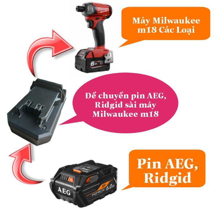 Đế chuyển pin aeg, ridgid dùng cho máy milwaukee m18 in nhựa chịu lực siêu cứng - bộ chuyển đổi aeg sang milwaukee