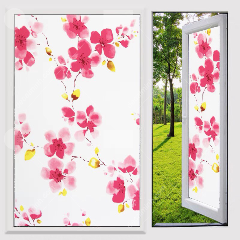 Decal dán kính mờ hoa văn Hàn Quốc cao cấp mẫu hoa đào khổ 90cm
