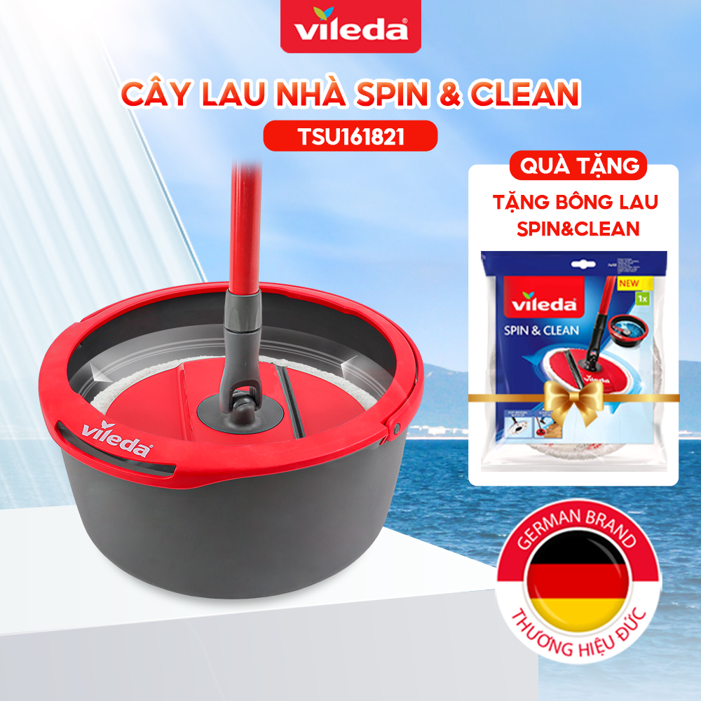 Bộ cây lau nhà Vileda Spin & Clean 161821 gồm xô giặt và cây lau nhà tròn, vải sợi microfiber thấm hút, diệt khuẩn, làm sạch thông minh