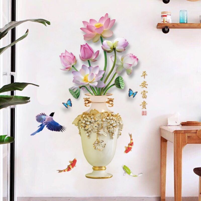 Decal dán tường bình hoa sen, trang trí phòng khách