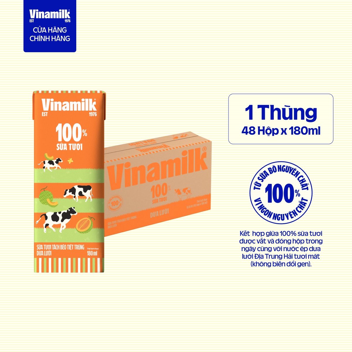 [Sản phẩm mới] Thùng 48 Hộp Sữa Tươi Tiệt Trùng Tách béo Dưa lưới 180ml