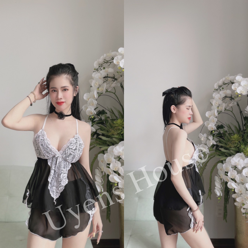 Đồ ngủ xuyên thấu gợi cảm(SIZE 40-80KG)/ Đồ ngủ bigsize 2 dây ren trắng có mút, chất voan xuyên thấu, mã 14