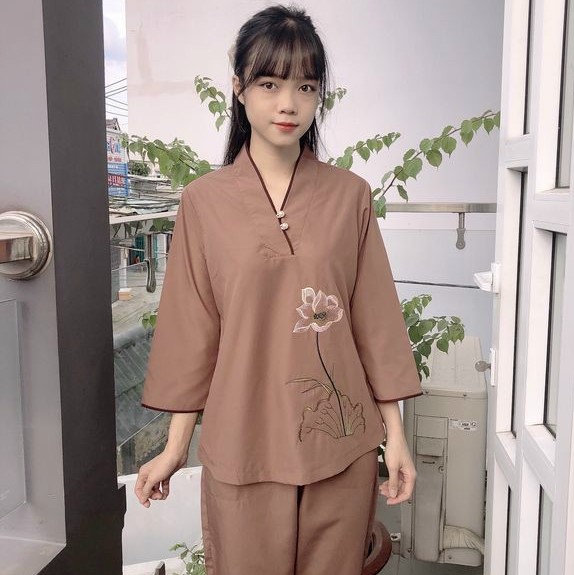 Áo tràng, Quần Áo nữ Phật Tử, Đồ Lam Đi Chùa mẫu nút ngọc kate mã HPA11