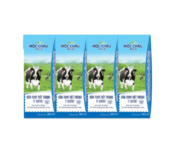 1 Lốc 4 Hộp Sữa Tươi Tiệt Trùng Ít Đường Mộc Châu Milk 180ml/Hộp