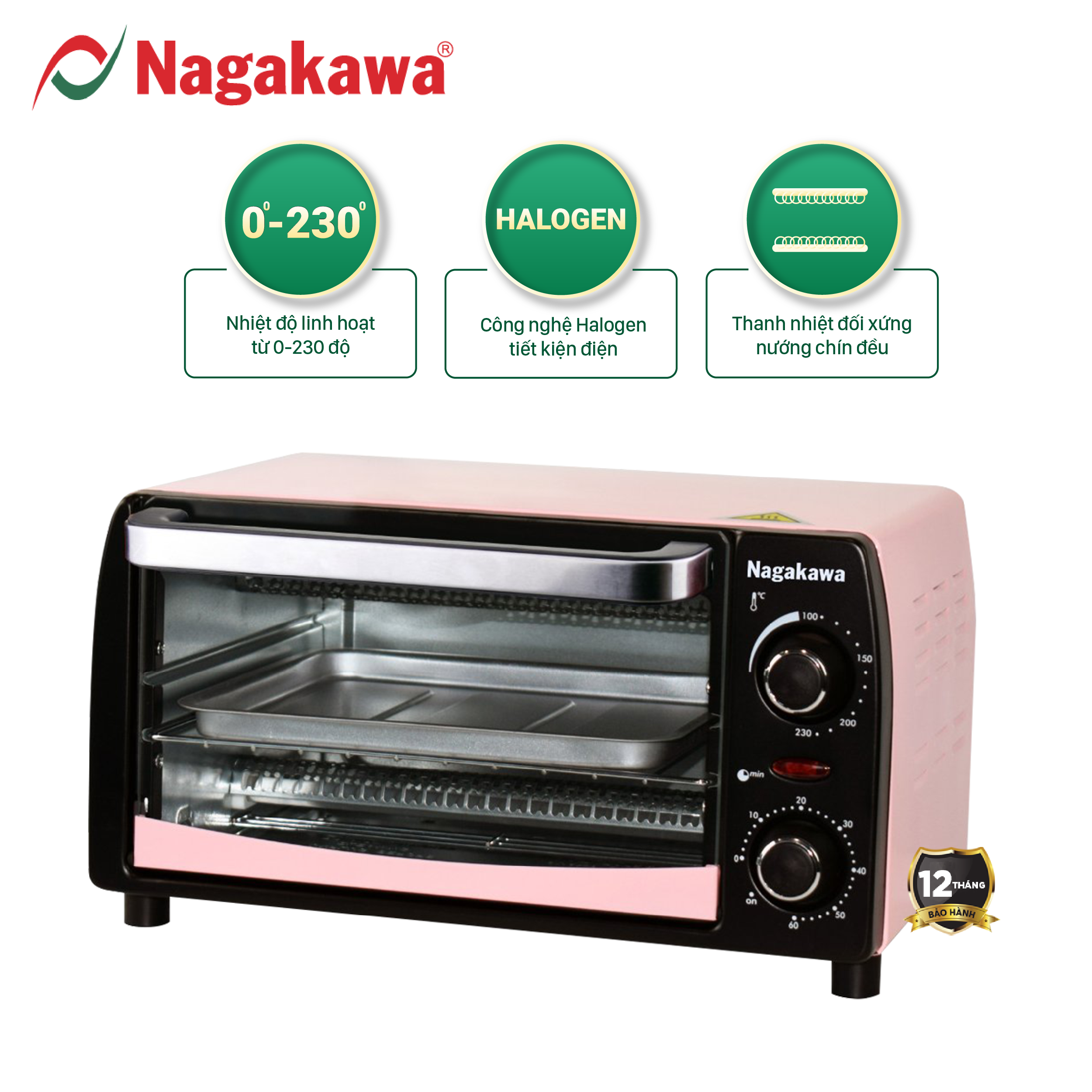 Lò nướng điện Nagakawa NAG3211, dung tích 10 lít, công nghệ nướng Halogen nhiệt đối xứng, công suất 1050W, hẹn giờ, điều chỉnh nhiệt độ 0-230 độ