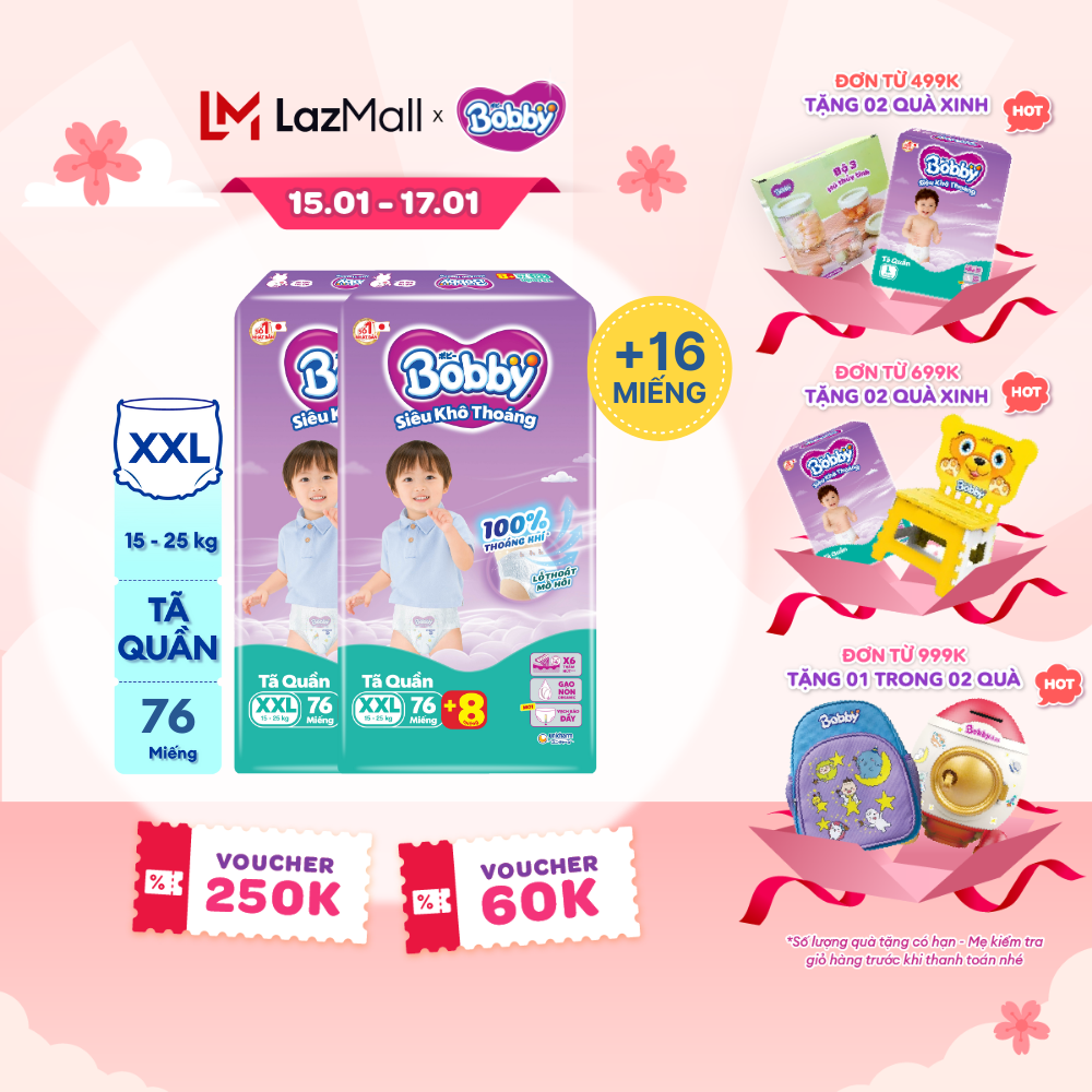 [CHỈ 20H 15-17.01 QUÀ TẶNG ĐH 499K]  [TẶNG THÊM 16 MIẾNG] Combo 2 Tã/bỉm quần Bobby 3mm Mega Jumbo Gạo non Giảm nhiệt XXL76 Bao bì thay đổi theo từng đợt nhập hàng