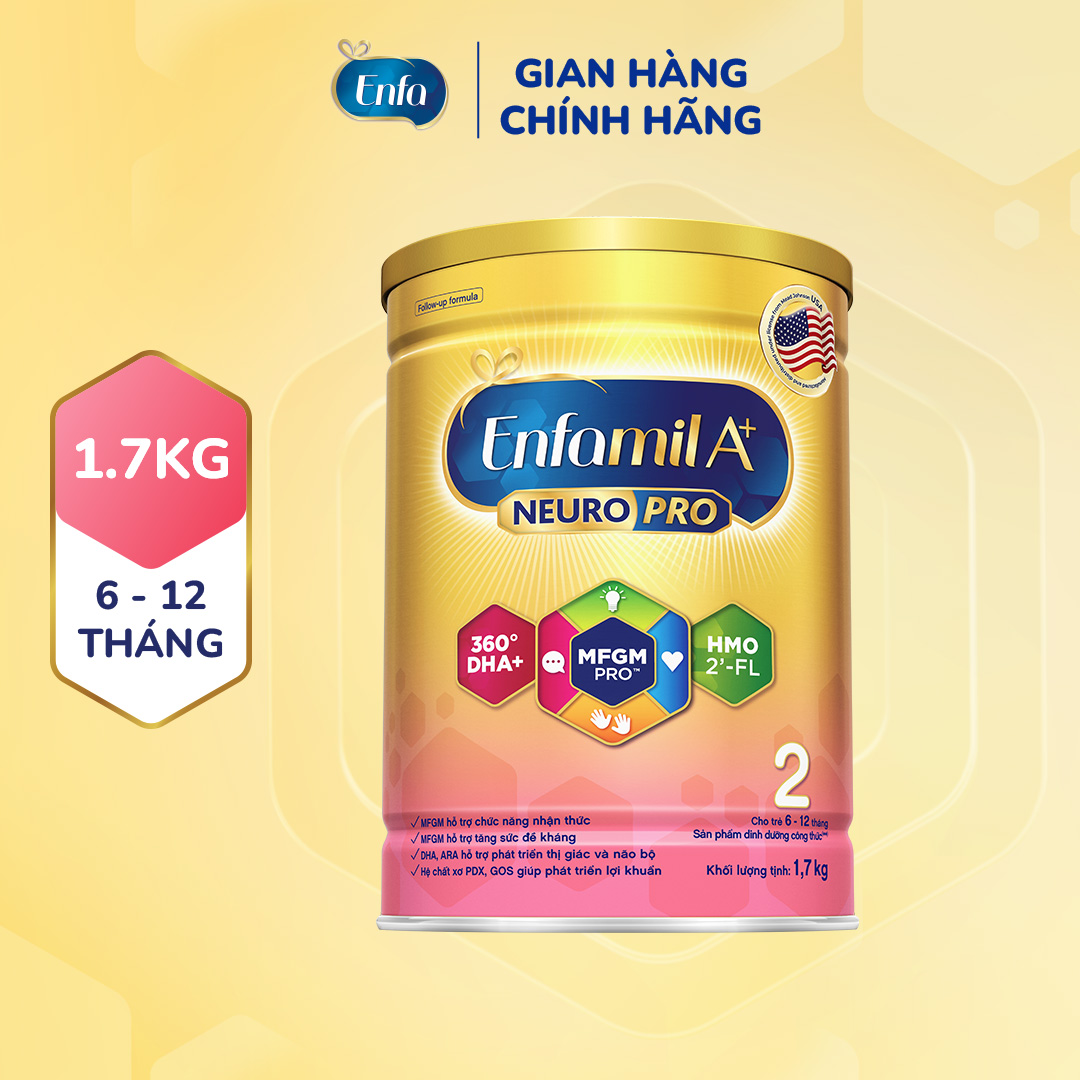 Sữa bột Enfamil A+ NeuroPro 2 Vị thanh mát 2'FL HMO với dưỡng chất DHA  MFGM cho trẻ từ 6 –12 tháng tuổi– 1.7kg