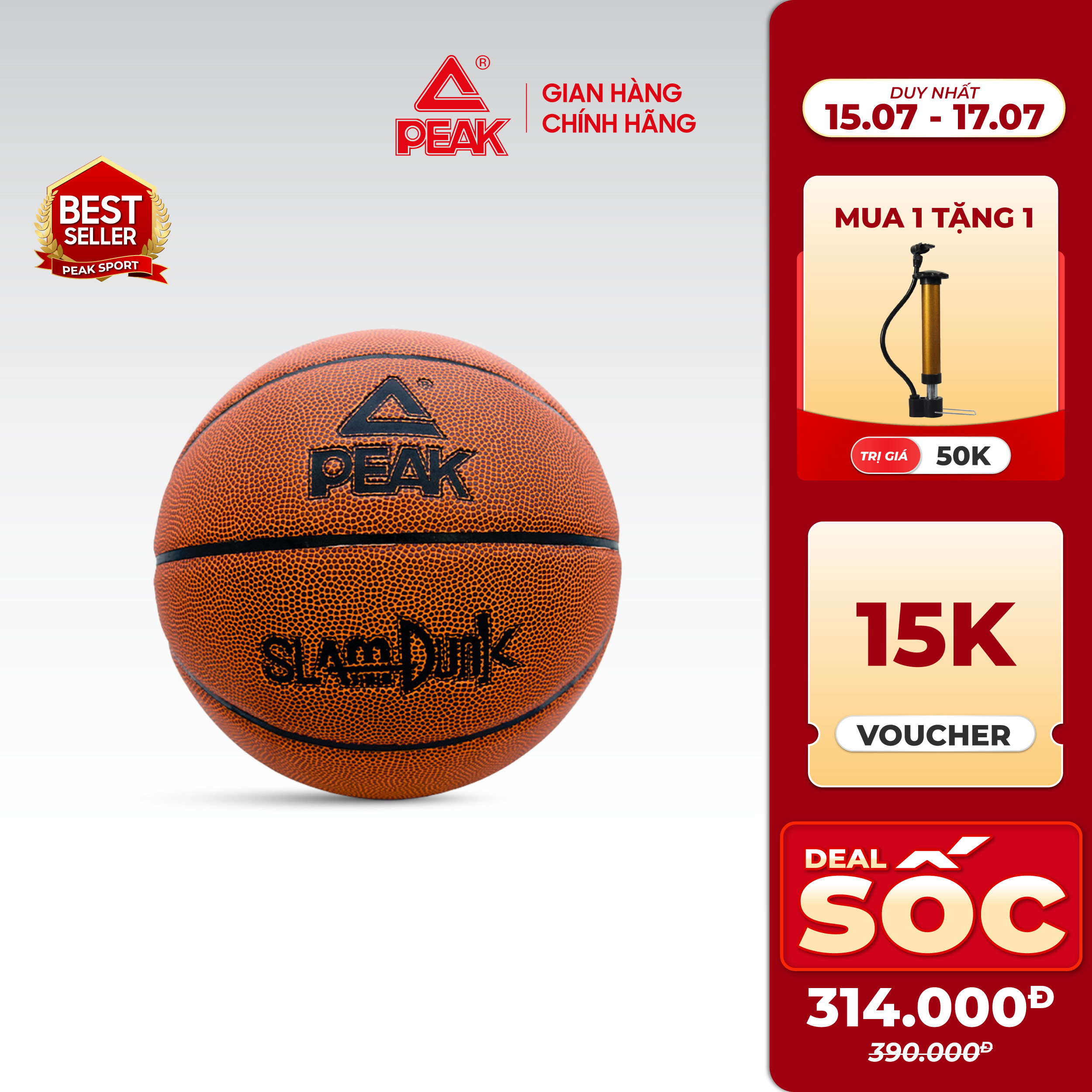 Bóng rổ da pu size 7 PEAK Q152020 - Quả bóng rổ da outdoor, banh bóng rổ tặng kèm bộ phụ kiện
