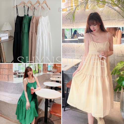 Váy 2 dây Shynstores - đầm maxi babydoll vải đũi mềm mát form rộng màu be freeship