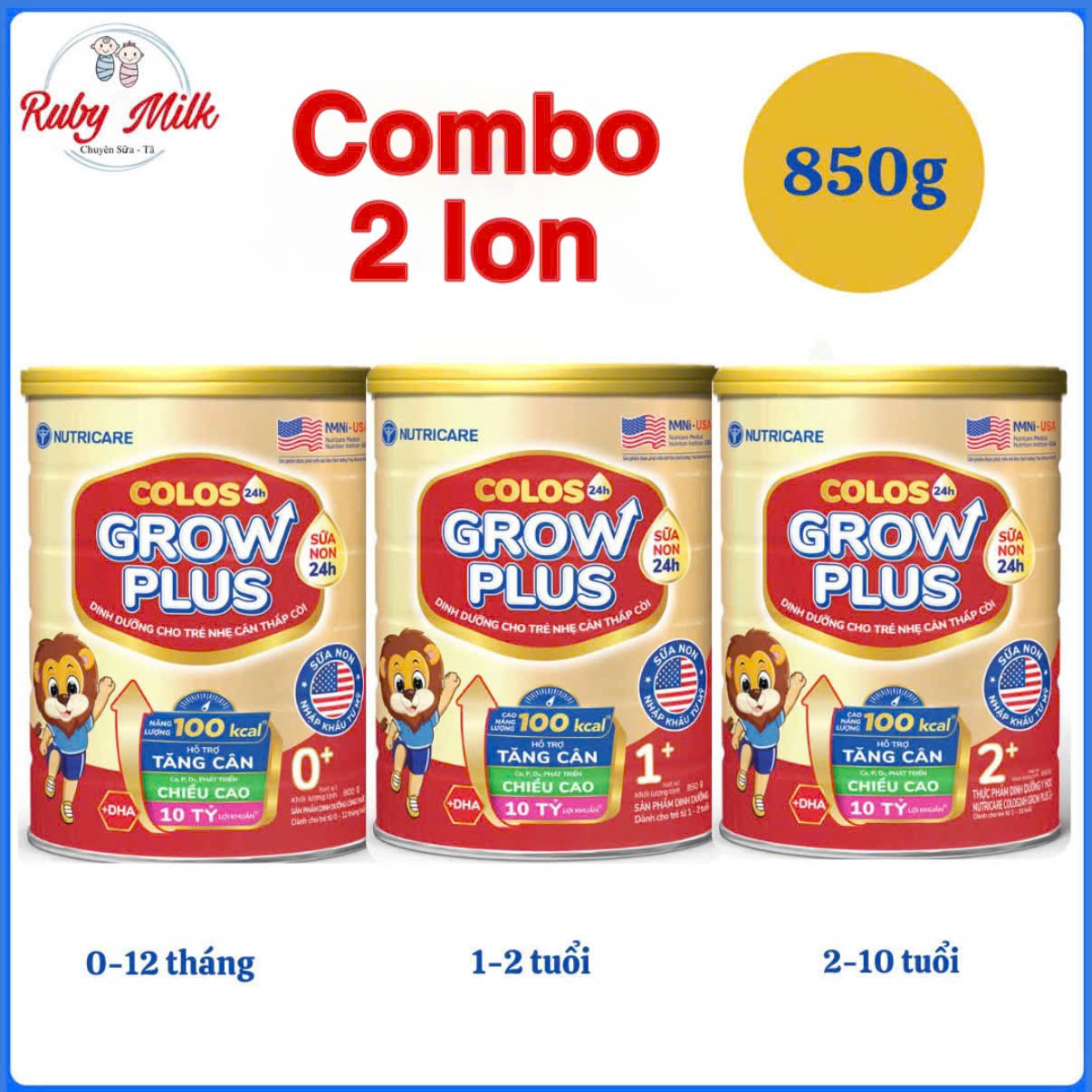  Combo 2 Lon Sữa bột Nutricare Colos Grow Plus Lon 850g Dinh Dưỡng Cho Bé Nhẹ Cân Thấp Còi 