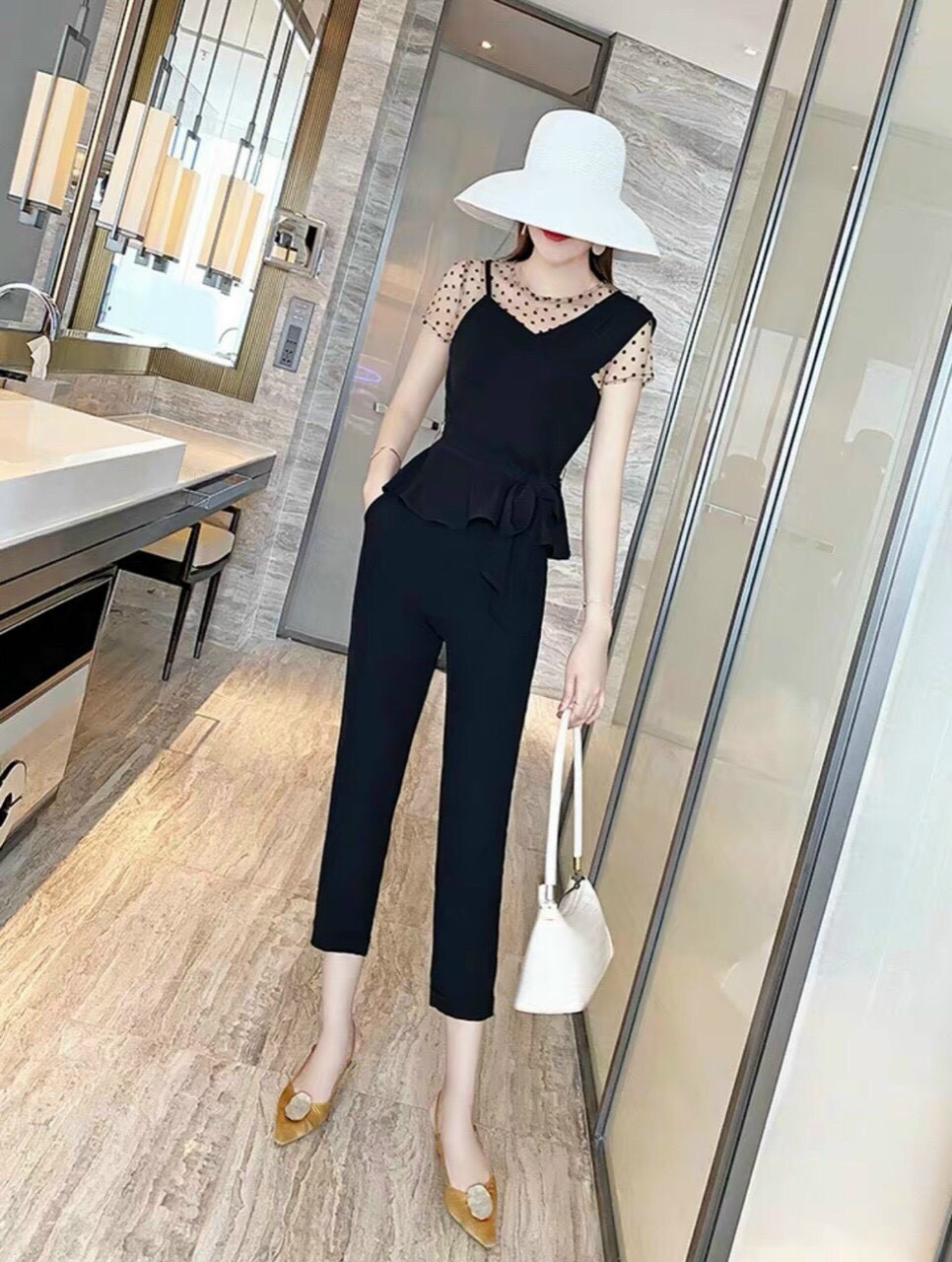 Set bộ dài poly 2 da phối lưới bi xinh xắn tôn dáng cho chị em