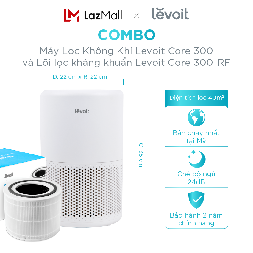 Máy lọc không khí - COMBO Máy Lọc Không khí Levoit Core 300 40m2 và Lõi lọc không khí Levoit 300-RF lọc bụi min - kháng khuẩn gồm 3 lớp bộ lọc - báo hiệu khi phải thay lõi