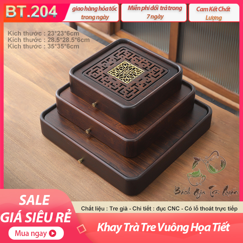Khay Trà Tre Vuông Nẹp Đồng - Tre già tự nhiên