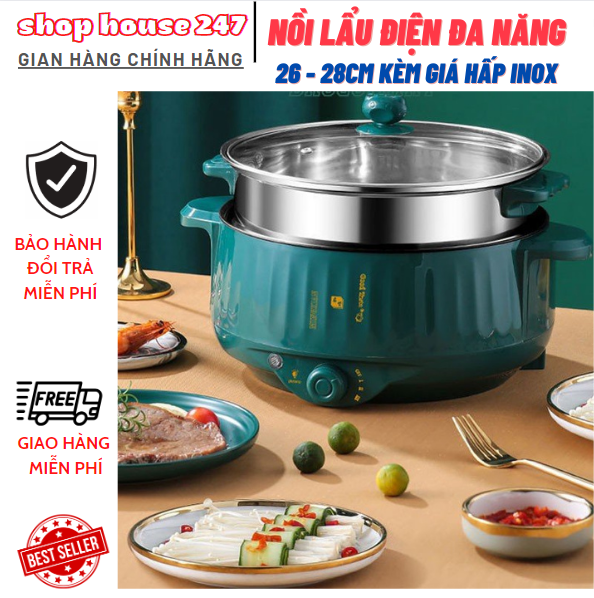 Nồi lẩu đa năng 3 nấc nhiệt - nồi lẩu điện đa năng, kèm giá hấp inox, vân đá chống dính, bếp lẩu điện đa năng, nồi lẩu mini đa năng, nồi lẩu hấp đa năng, nồi lẩu điện nhật, ca nấu mì đa năng