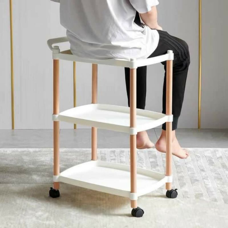 Xe đẩy đa năng 3 tầng khay nhựa, chân gỗ