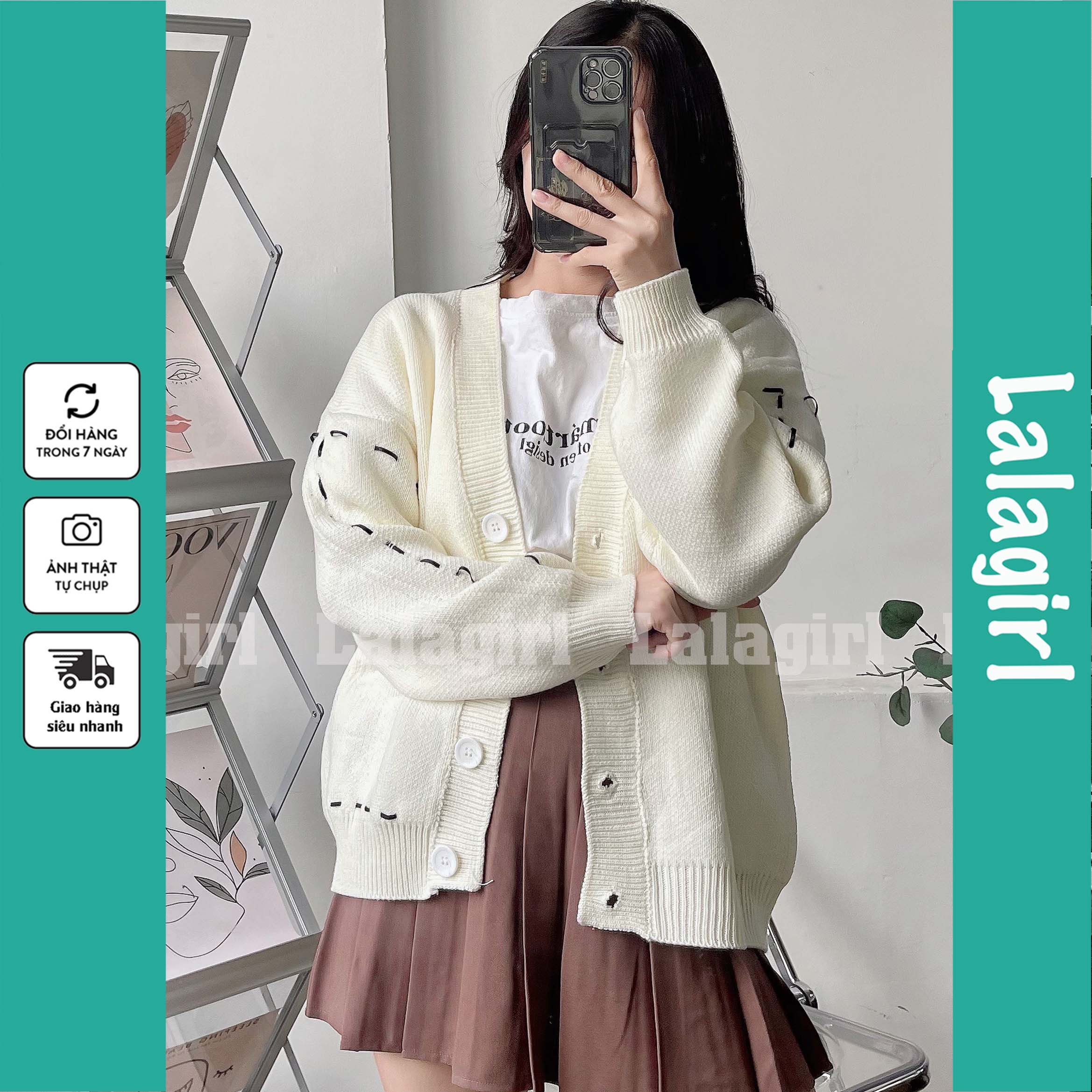 Áo Khoác Len Cardigan Nữ Trắng Phối Viền Sọc Đen