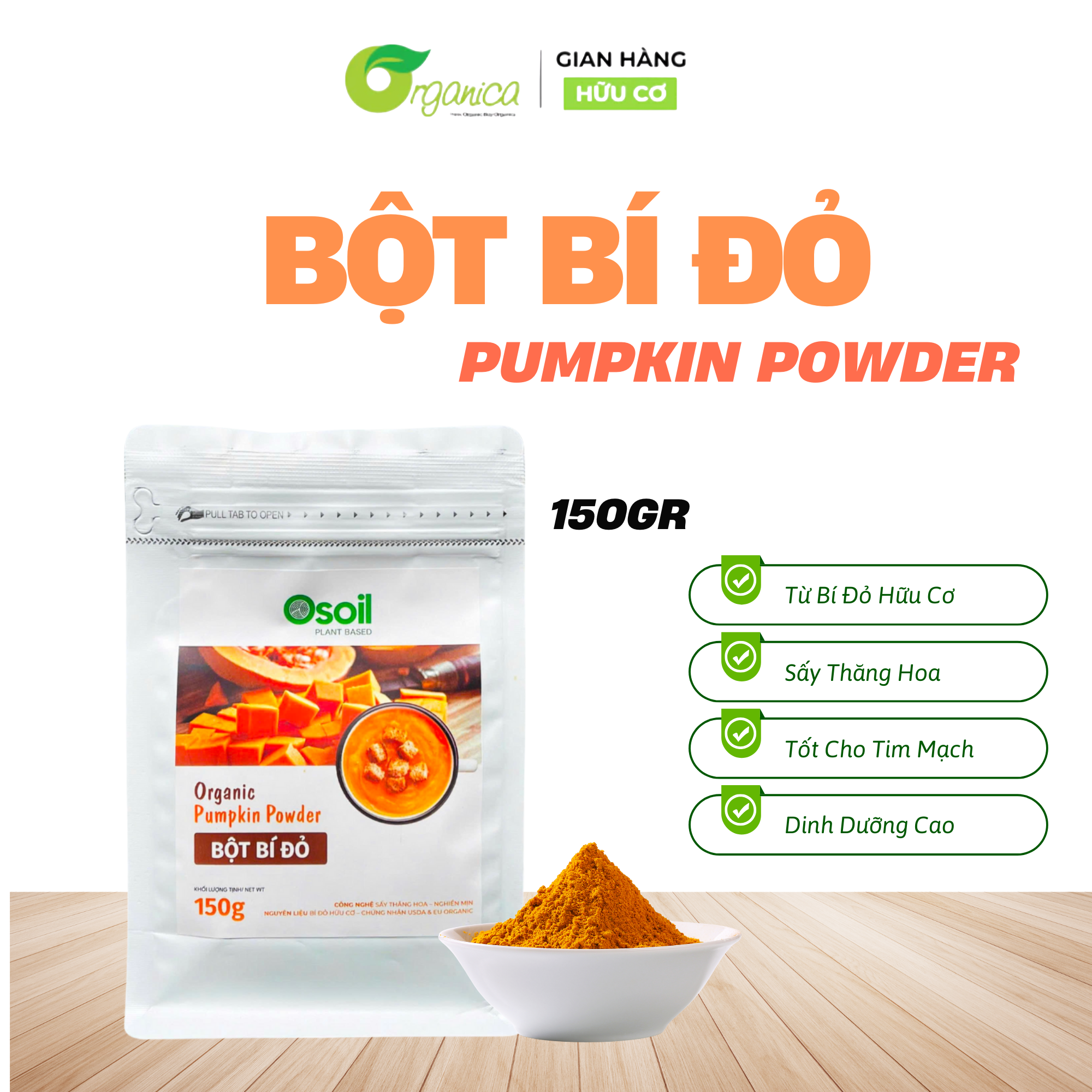 Bột Bí Đỏ Osoil Từ Trái Bí Đỏ Hữu Cơ Sấy Thăng Hoa Dinh Dưỡng Cho Bé Ăn Dặm 150gr