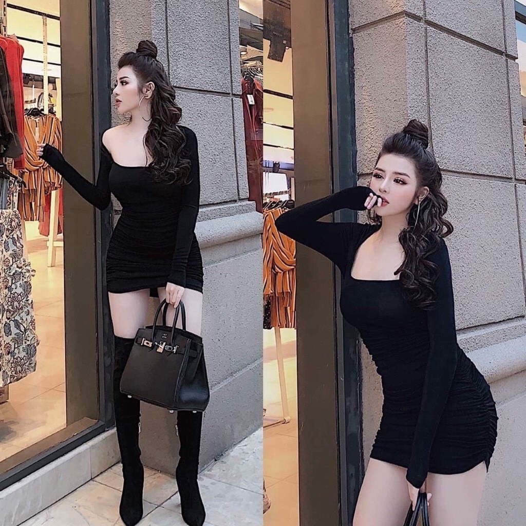Váy body - Đầm body nữ dài tay cổ vuông nhún sườn  chất đẹp - Đầm dài tay - Váy nhún eo - đầm cổ vuông - đầm chữ - hàng thiết kế siêu phẩm từ SOLASHOP