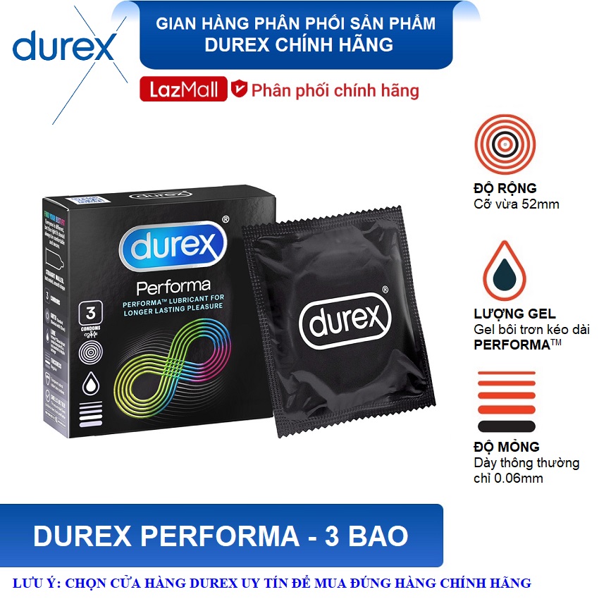 Bao cao su Durex Performa 3 bao - Kéo dài thời gian quan hệ , size 52mm cỡ vừa