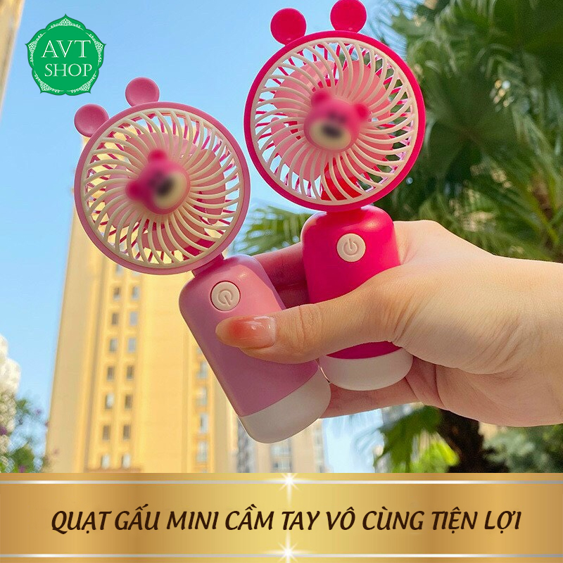 Quạt Gấu Dâu Thỏ Hồng xinh xắn, Quạt mini cầm tay sạc điện Quạt mini cute Quạt cầm tay gấu dâU kèm sạc cổng USB tiện lợi