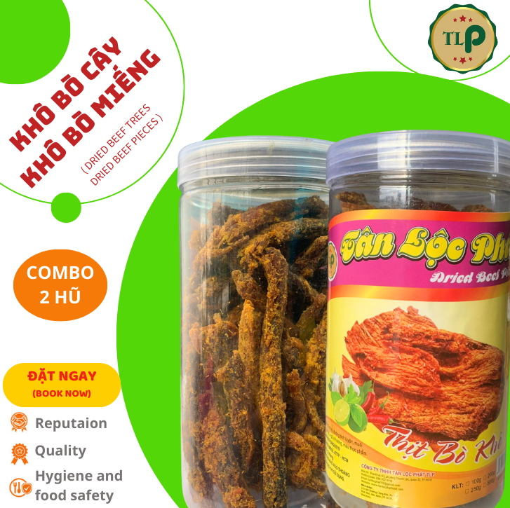 Khô bò miếng 200g và khô bò dạng que 250g tân lộc phát combo 2 hũ