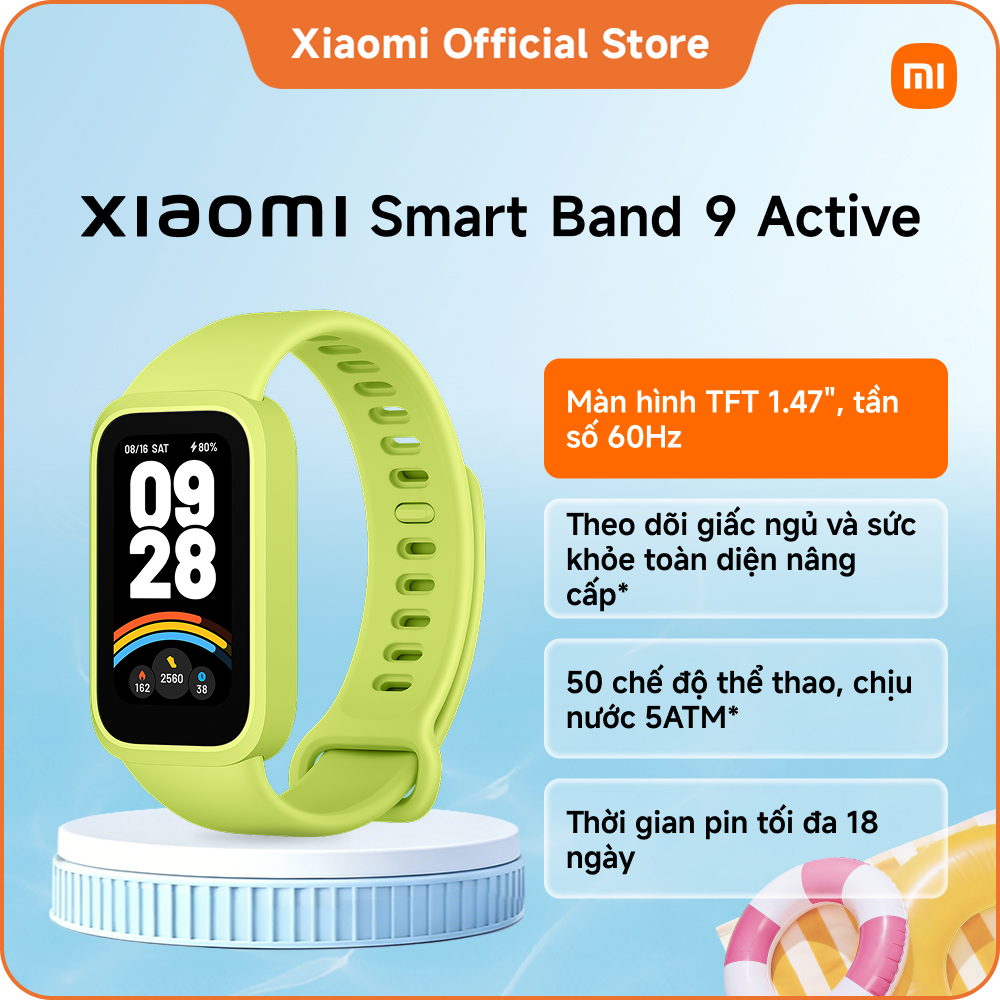 Vòng đeo tay thông minh Xiaomi Smart Band 9 Active | Màn hình TFT 1,47'', tần số quét cao 60Hz | Thời lượng pin lên đến 18 ngày, khả năng chống nước 5ATM* | Theo dõi giấc ngủ và sức khỏe toàn diện nâng cấp*
