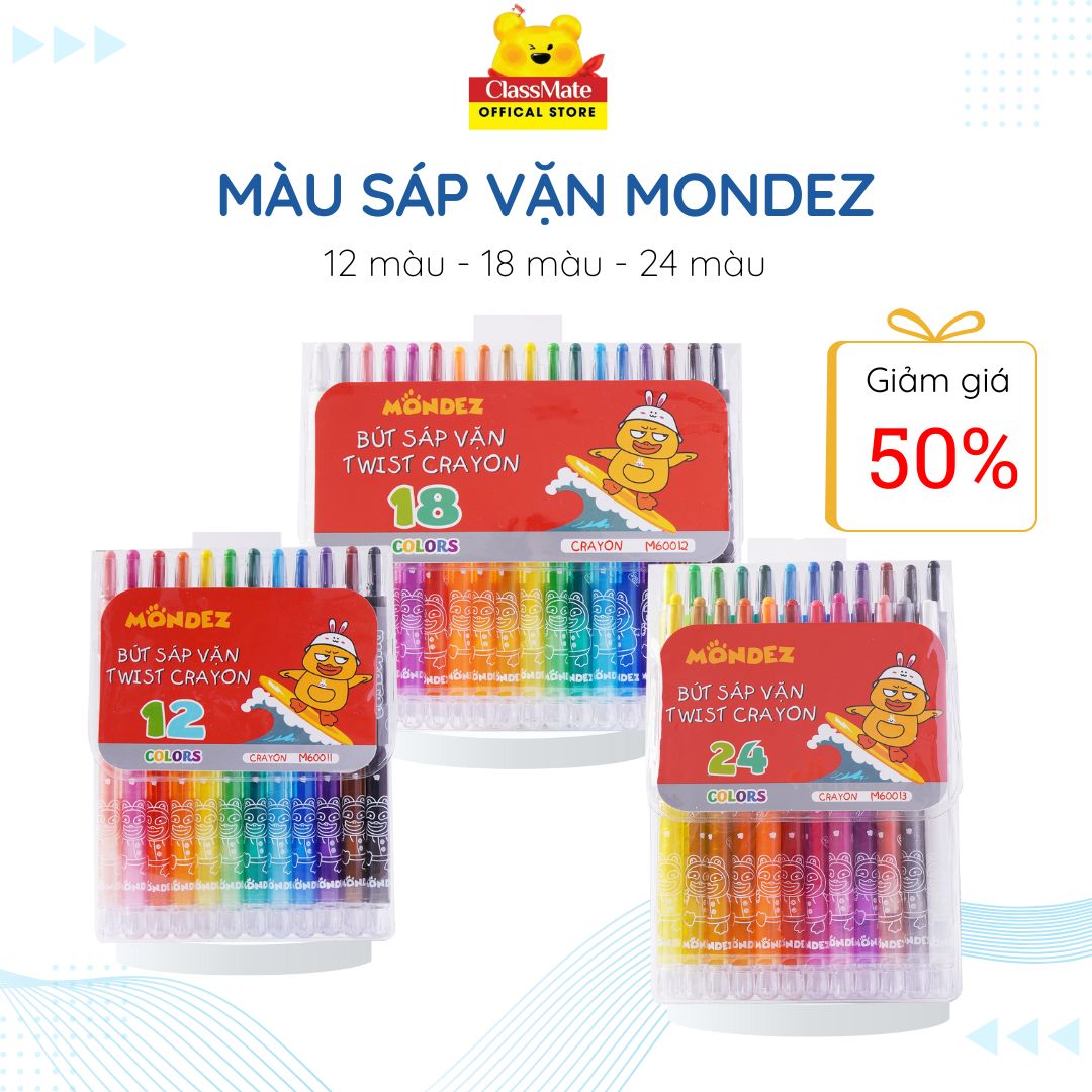 Bút Sáp Vặn Mondez 12/18/24 Màu Loại Dài Chất Liệu An Toàn Cho Bé, Sáp Mịn, Màu Chuẩn Tươi Sáng, Không Bị Phai M60011/60012/60013