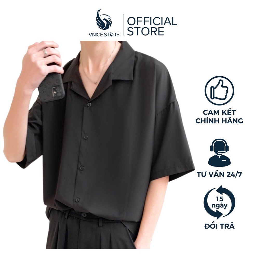 Áo sơ mi ngắn tay nam nữ cổ vest trơn trắng đen be - kiểu sơ mi cộc tay form rộng hàn quốc cổ style đức vnicestore