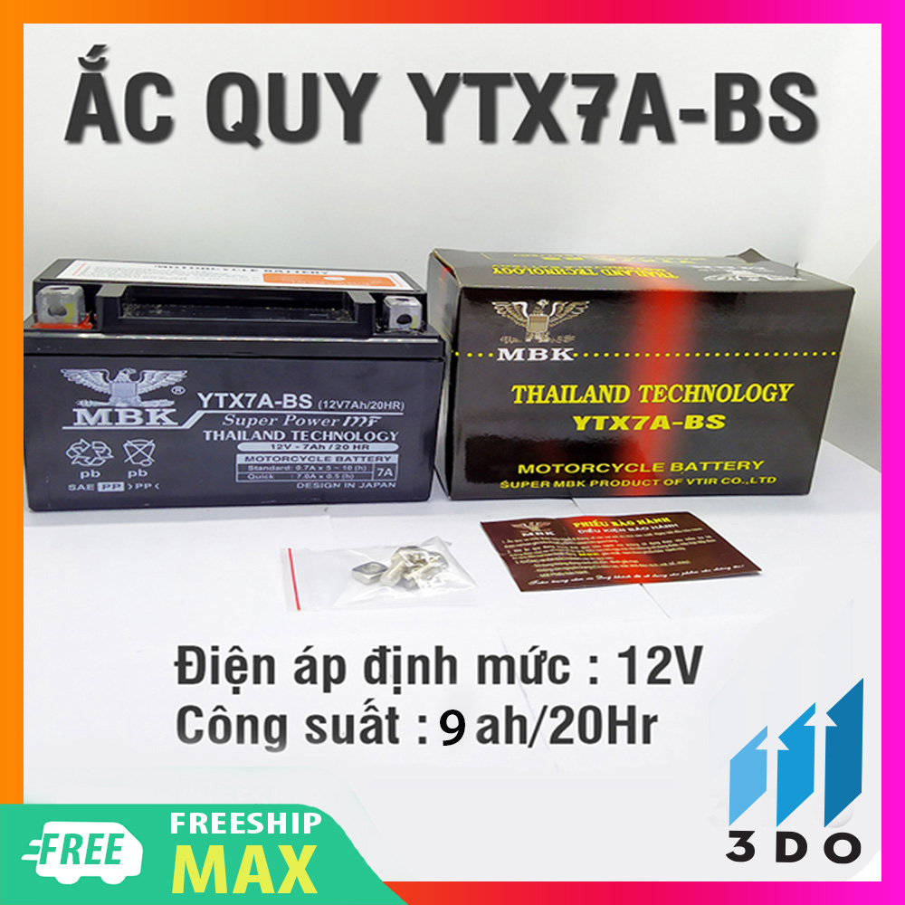 Ắc quy xe máy khô MBK 12v - 7Ah kích thước 150x85x94 công nghệ Thái Lan mã  YTX7A-BS (Bảo hành 12 tháng), ắc quy khô xe máy, bình ắc quy khô xe máy