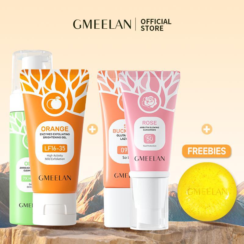  GMEELAN 5PCS KITS Gel Tẩy Tế Bào Chết Da Mặt 50g+SỮA RỬA MẶT TẠO BỌT LÀM SẠCH Ô LIU 150ml+Kem Glutathione Lazy Cream 30g +Chiba Rose Kem chống nắng 30g+Xà phòng 100g 