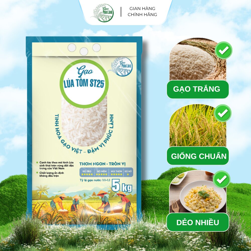Gạo ST25 Lúa Tôm 5kg Phúc Lành - Gạo Sạch, Mềm, Dẻo Thơm