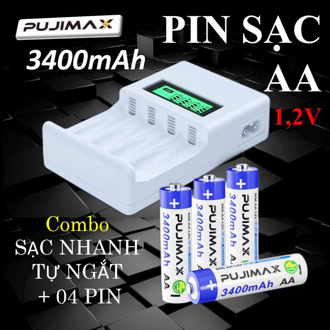 Bộ sạc pin aa/aaa pin sạc aa 1200mah / aa 3400mah sạc pin tiểu fujimax lcd-04 sạc nhanh tự ngắt có màn lcd hiển thị