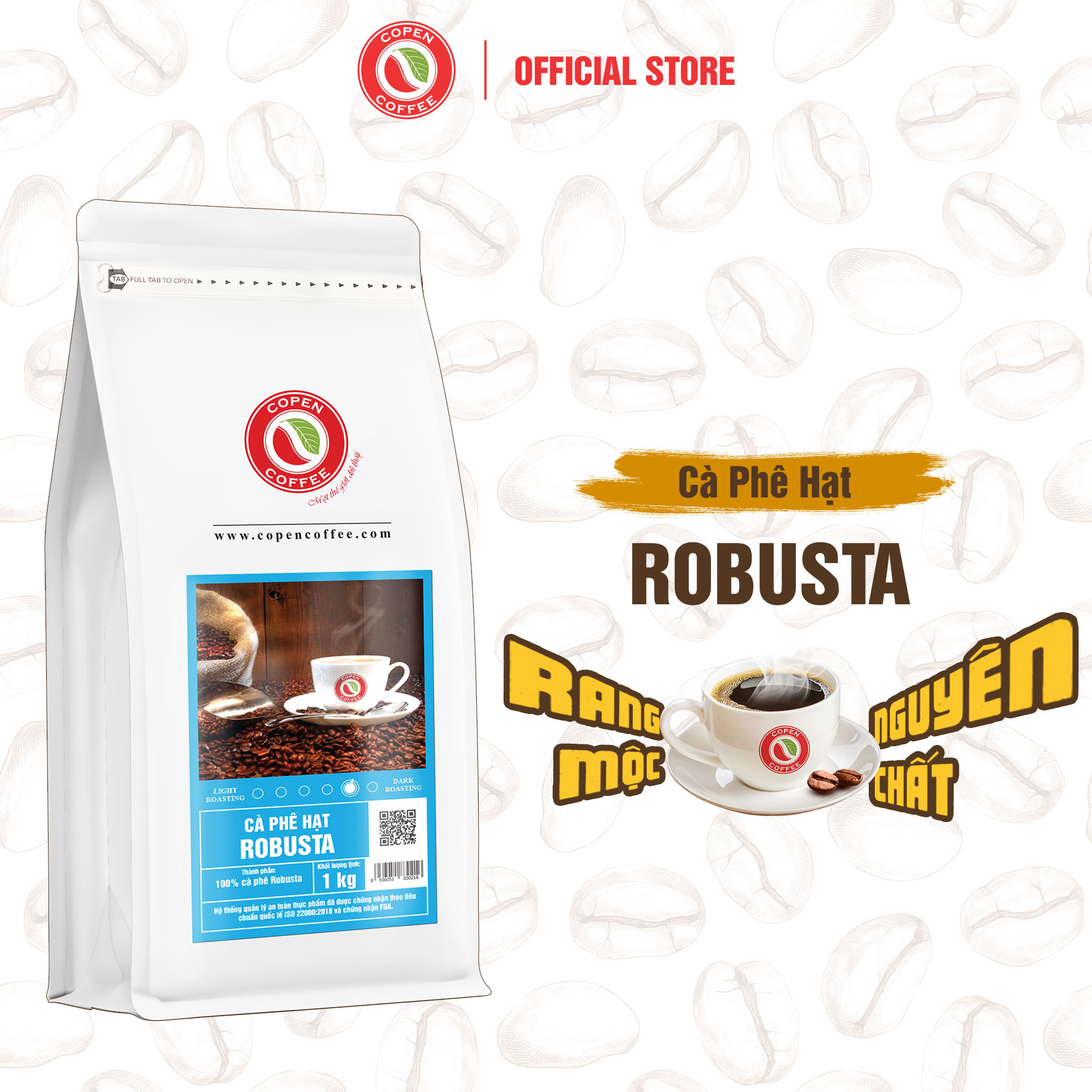  Cà phê hạt Robusta gói 1kg  ST túi zip  - Rang mộc nguyên chất - Đắng đậm thơm nồng hậu vị sâu - Pha máy pha phin - Copen Coffee 
