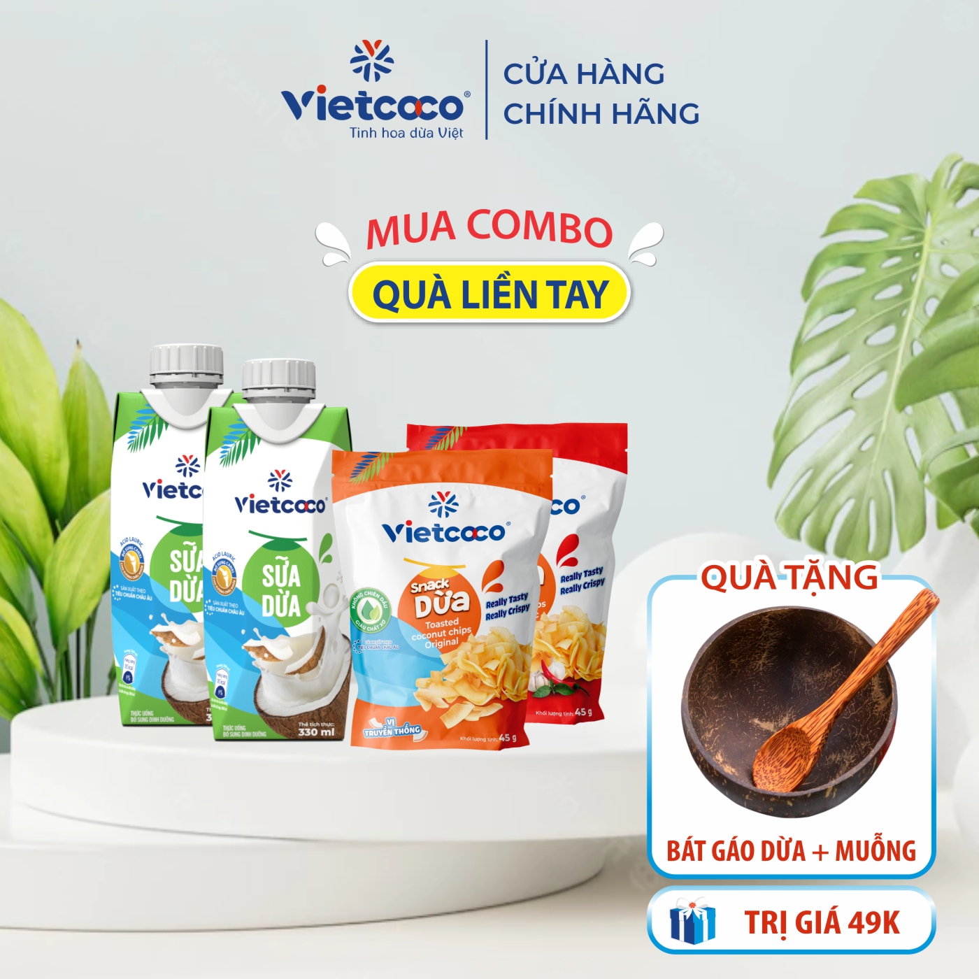 Combo picnic vietcoco sữa dừa uht 330ml vị nguyên bản x2, snack dừa 45g nguyên bản + tỏi ớt