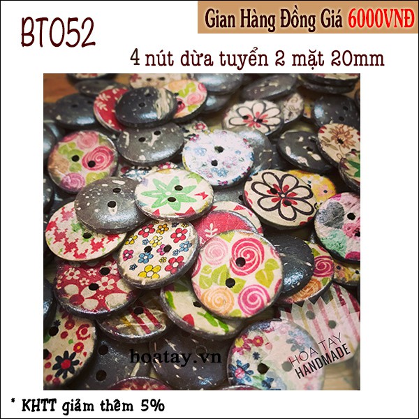 4 nút gỗ dừa tuyển 2 mặt vintage 20mm bt052 - hoa tay handmade