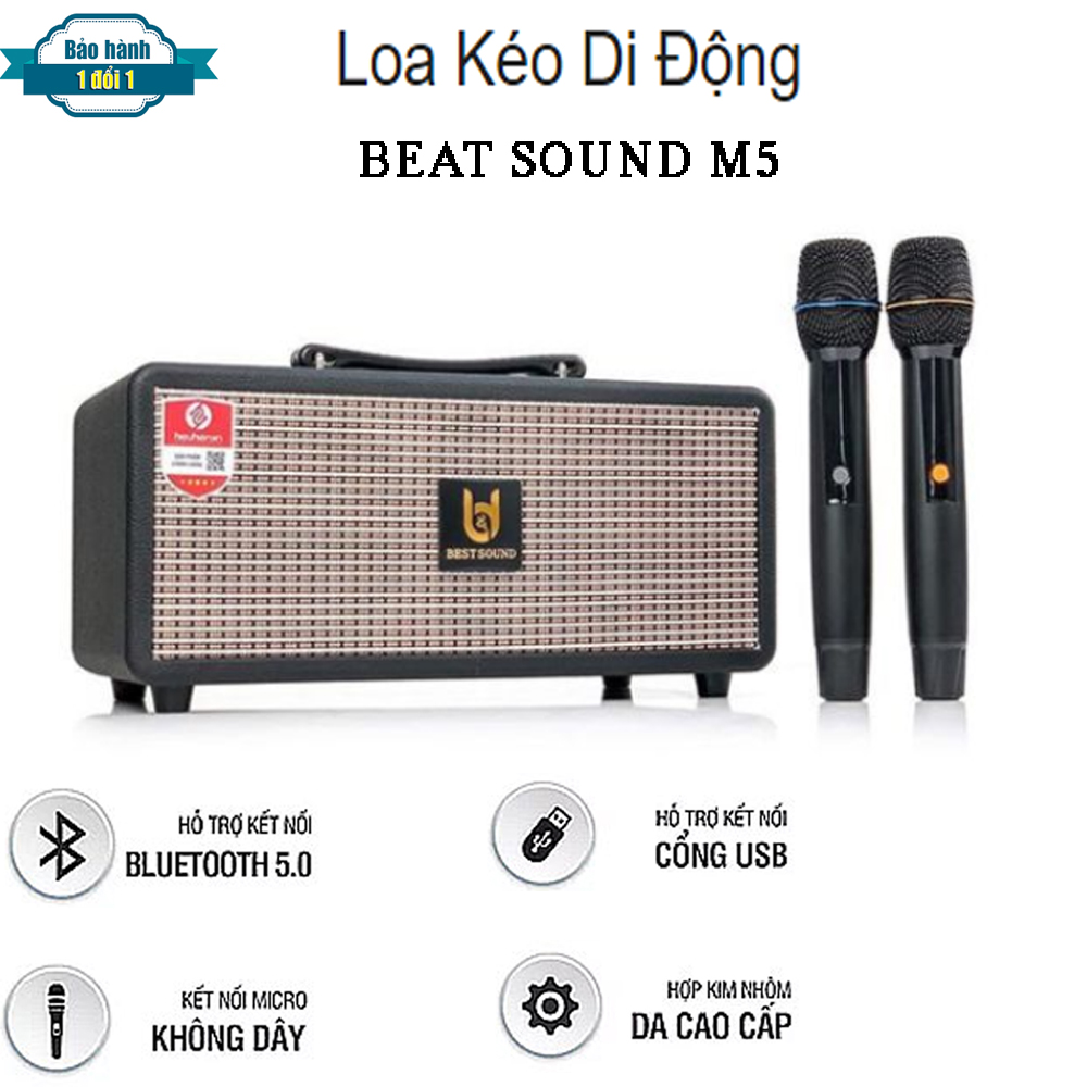Loa Kéo Hát Karaoke Beat Sound M5 Loa Karaoke Mini Kèm 2 Micro Không Dây 2 Loa Bass. 2 Loa Treble, Có Reverb Cho Công Suất Lớn Lên Tới 480W, Chất Âm Mạnh Mẽ, Chất Liệu Vỏ Da Cao Cấp, Bảo hafnh12 tháng