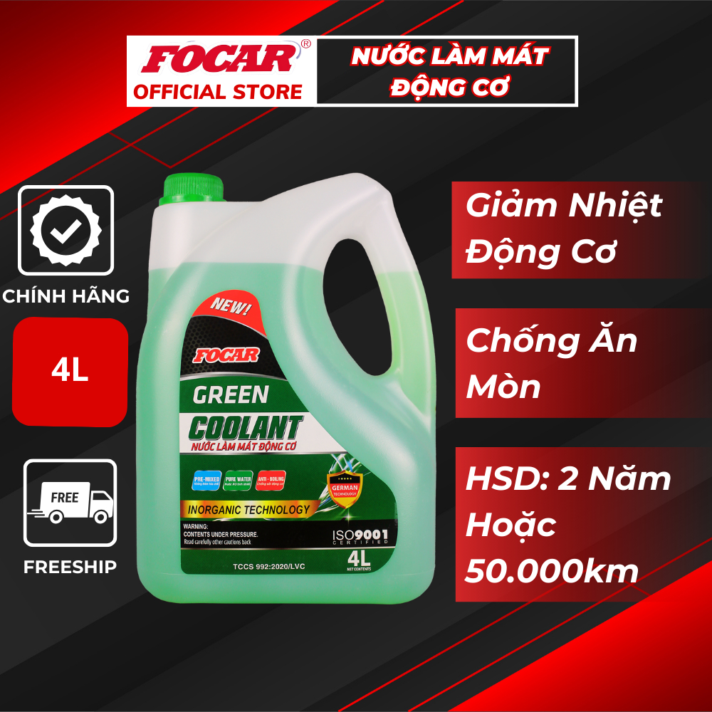 Nước làm mát động cơ ô tô Focar Green Coolant 4L - Nước làm mát xe hơi, nước làm mát động cơ, nước làm mát máy, làm mát tiêu chuẩn, nước làm mát FOCAR tiêu chuẩn Đức, nước làm mát máy, nước làm mát máy