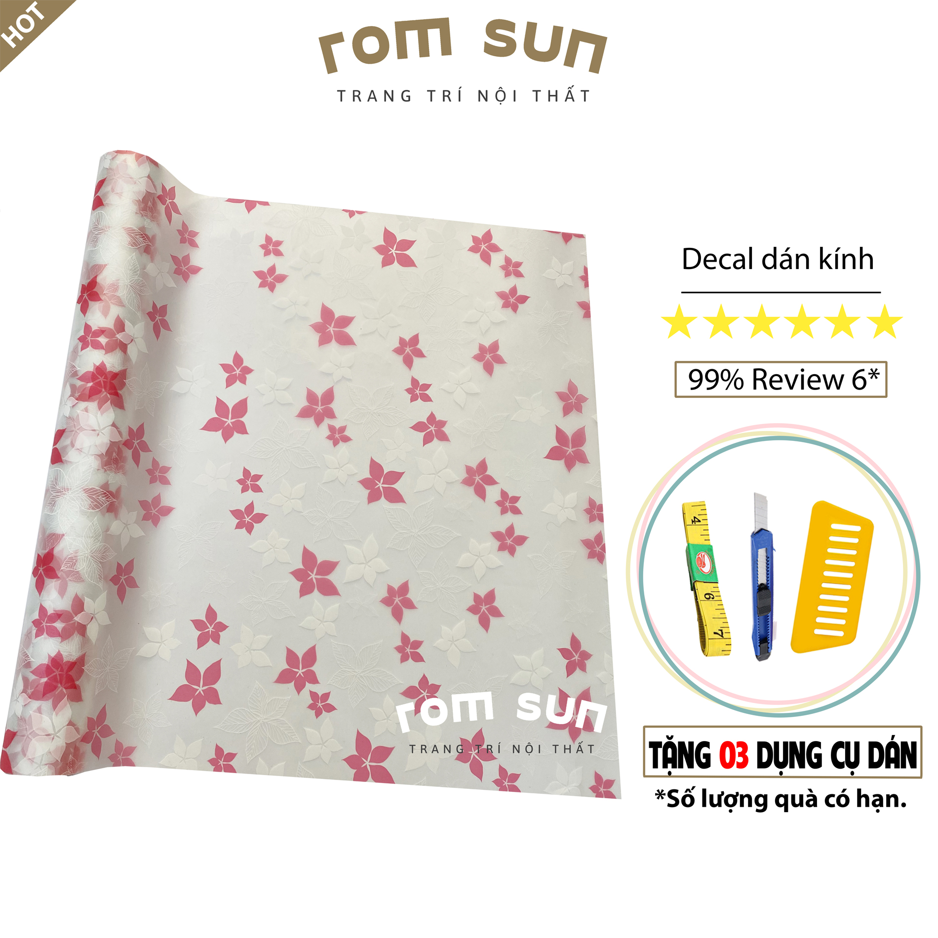 Decal dán kính mờ chống nhìn trộm mờ khổ 90cm, Giấy decan dán kính phòng ngủ,tắm hoa đào đỏ đẹp E9540