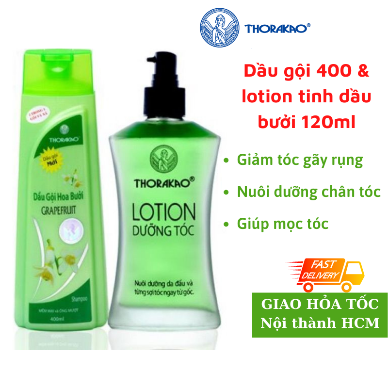 Combo dầu gội xả hoa bưởi 400ml & lotion dầu dưỡng tóc tinh dầu bưởi Thorakao 120ml
