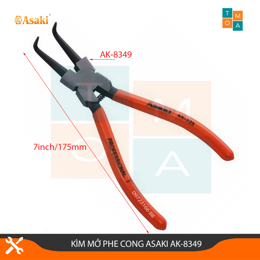 Kìm mở phe cong asaki ak-8349 7inch/175mm, kìm bóp phe mỏ cong asaki, kềm mở phe